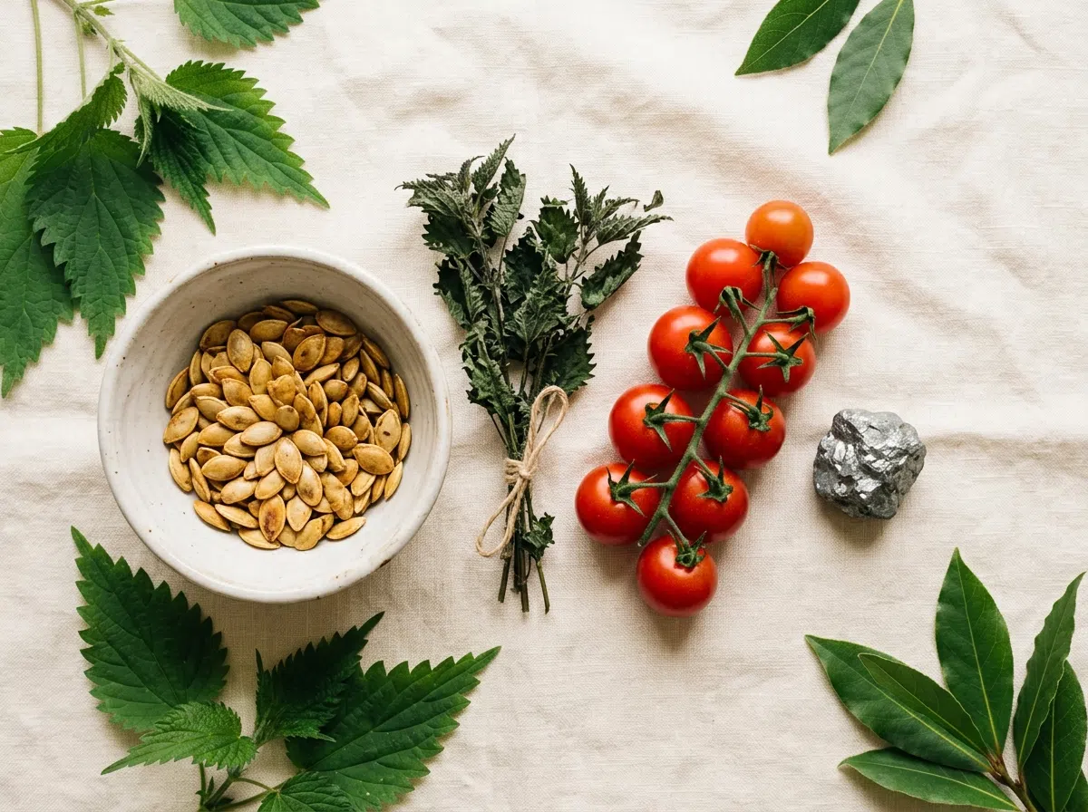 Pumpkin seeds, nettle herb, tomatoes and zinc mineral - Hardero ingredient sources
