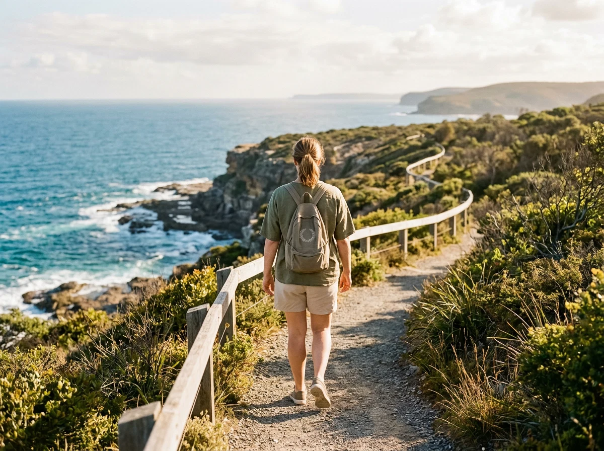 Man walking along a sunny Australian coastal path